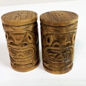 Hawaiian Tiki Acacia Wood Carved Salt & Pepper Shakers 2” x 3”